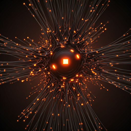 Rețea neurală conceptuală, noduri portocalii pe fundal închis.