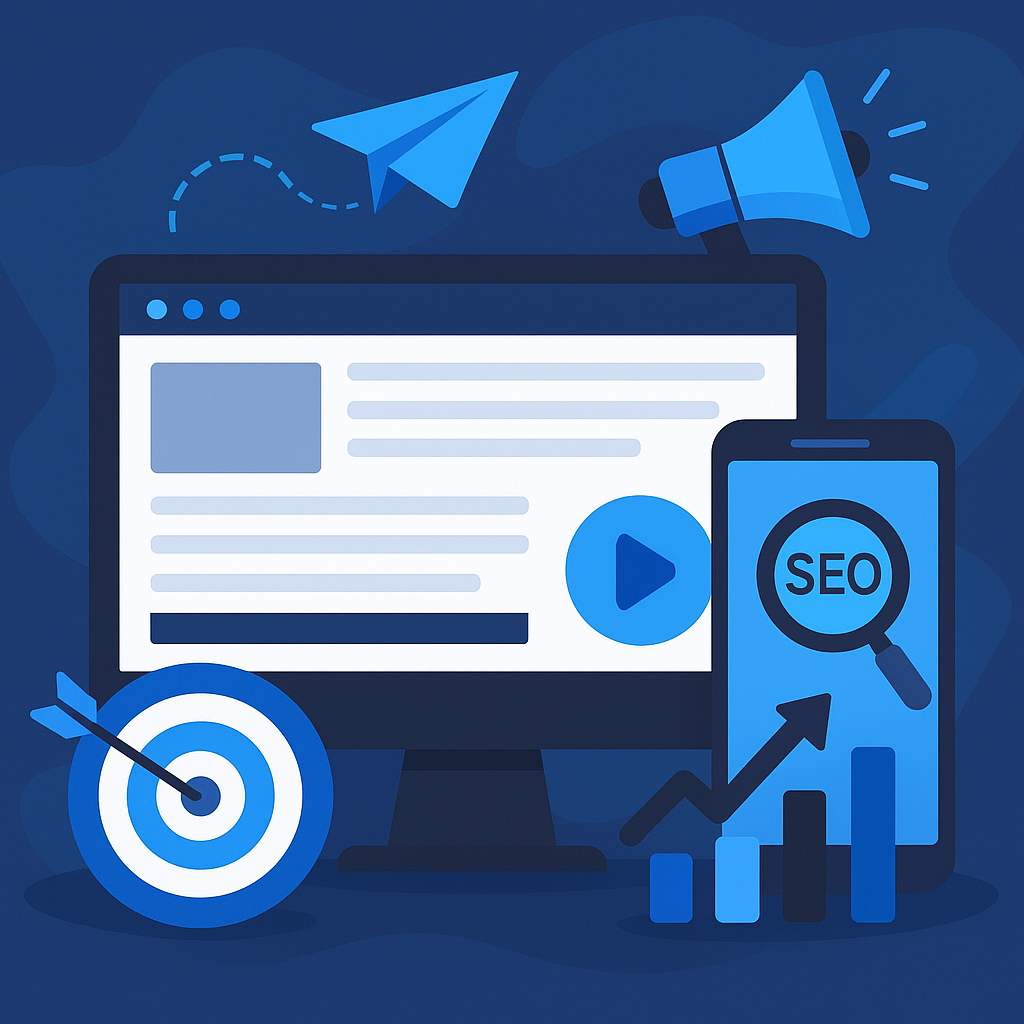 SEO și Video Marketing – WebClinix Ilustrație digitală care reprezintă optimizarea SEO și marketingul video pentru afaceri online.